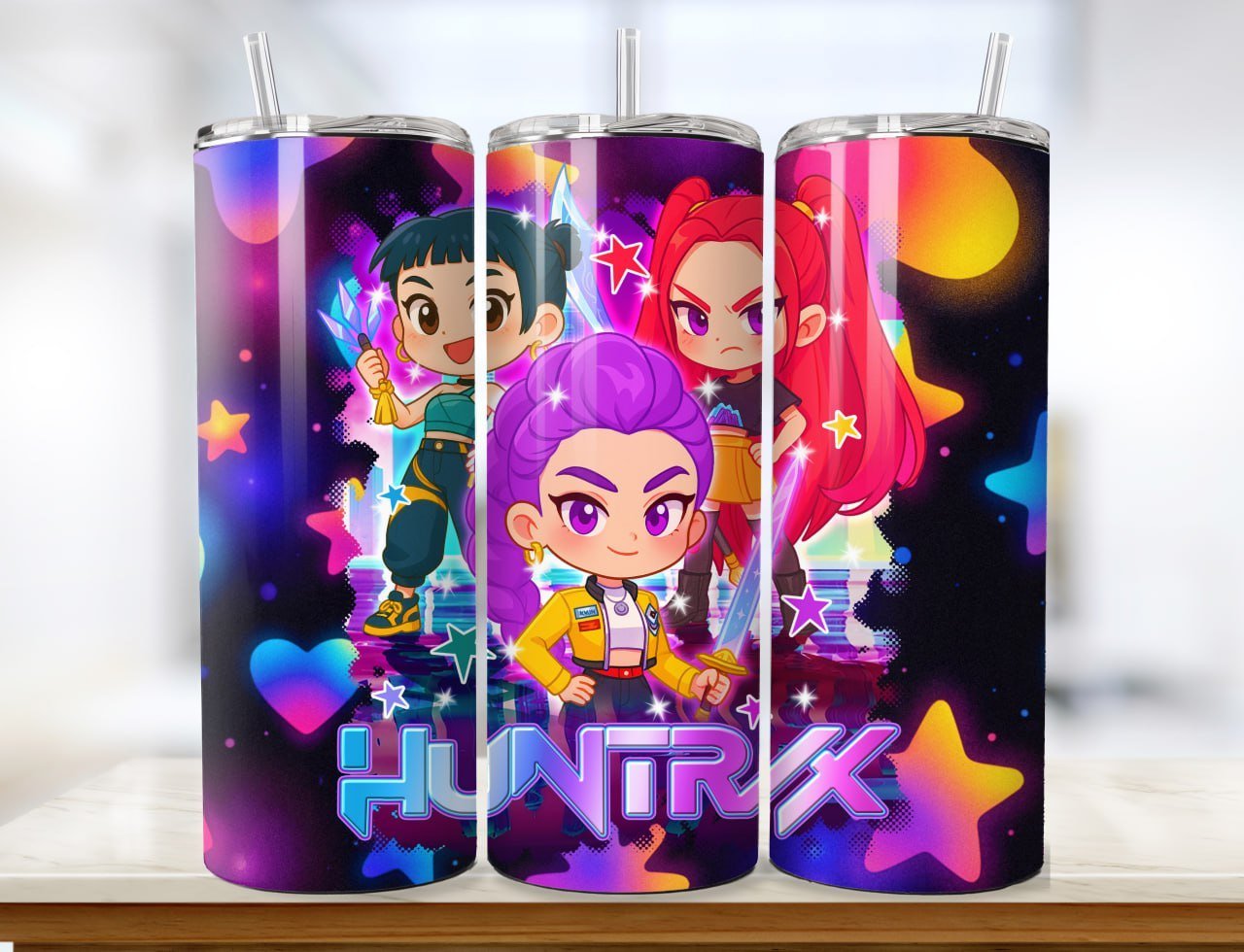 Pack 8 Diseños Tumbler K-Pop Demon Hunters 20oz PNG. Plantillas HUNTRIX Sublimación Gato Anime.