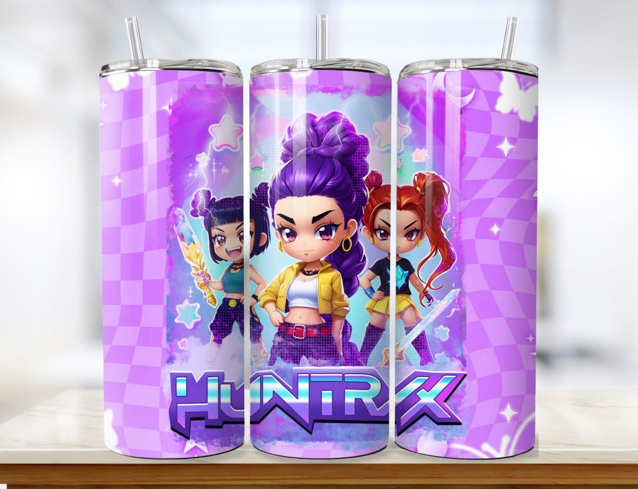 Pack 8 Diseños Tumbler K-Pop Demon Hunters 20oz PNG. Plantillas HUNTRIX Sublimación Gato Anime.