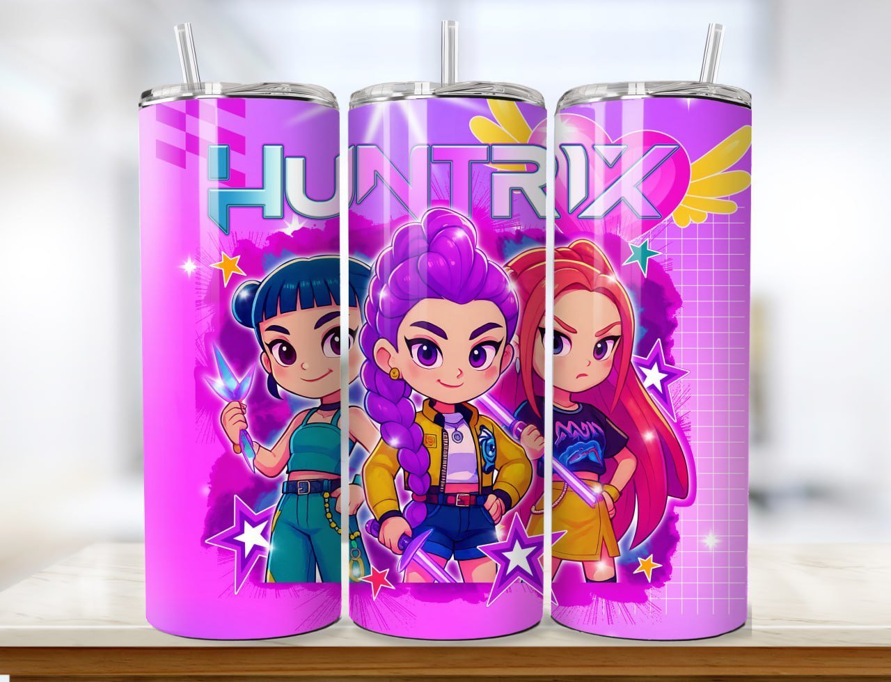 Pack 8 Diseños Tumbler K-Pop Demon Hunters 20oz PNG. Plantillas HUNTRIX Sublimación Gato Anime.
