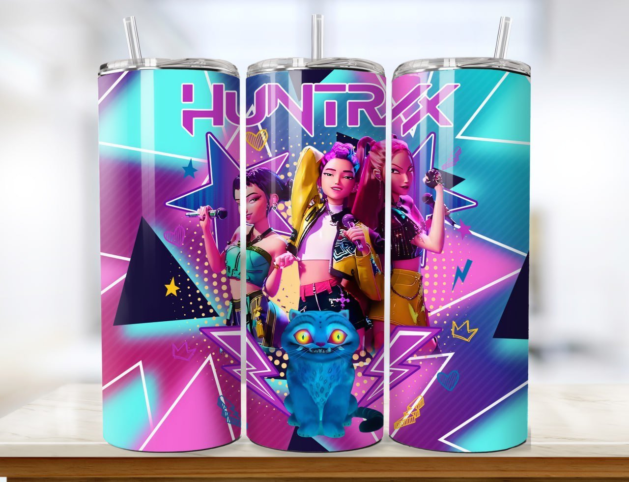 Pack 8 Diseños Tumbler K-Pop Demon Hunters 20oz PNG. Plantillas HUNTRIX Sublimación Gato Anime.