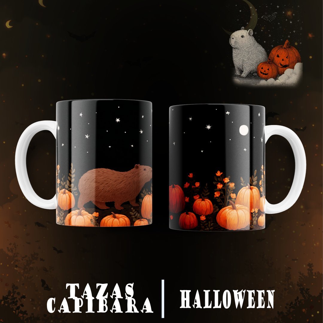 Pack 12 Diseños Capibara Halloween PNG Tazas. Plantillas Sublimación Tiernas con Calabazas y Mockups.