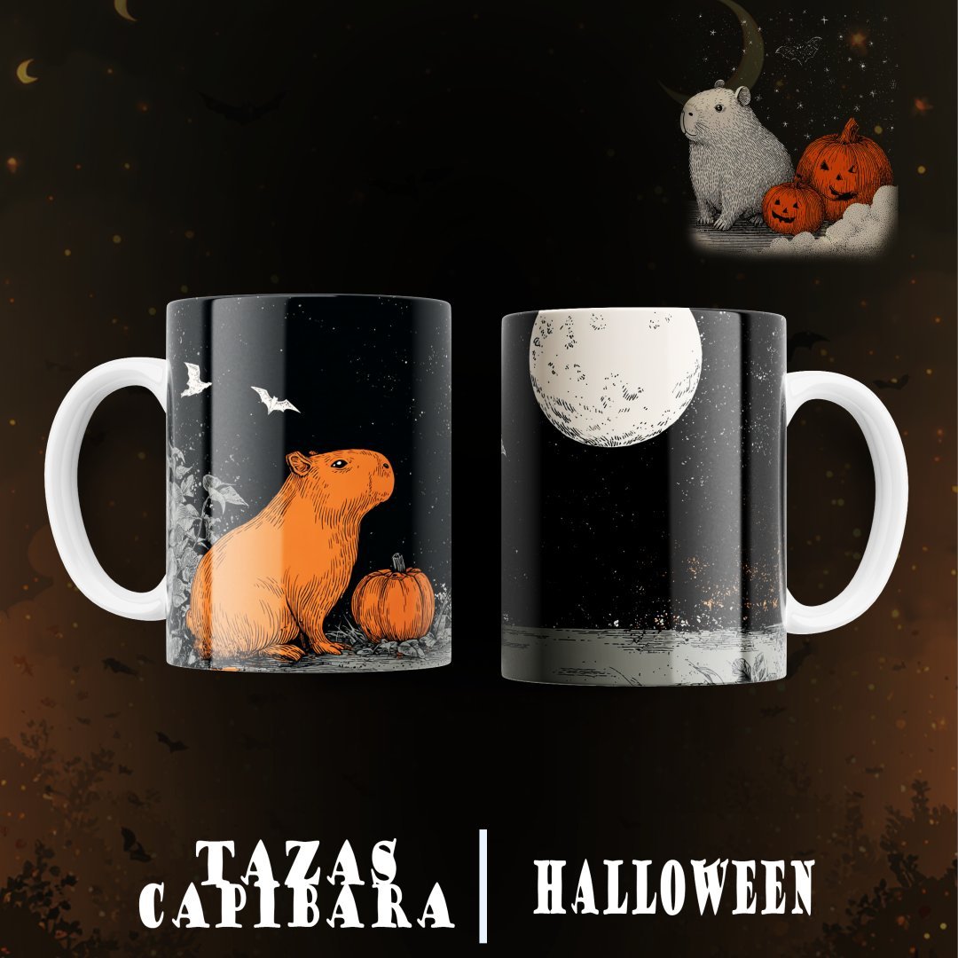 Pack 12 Diseños Capibara Halloween PNG Tazas. Plantillas Sublimación Tiernas con Calabazas y Mockups.