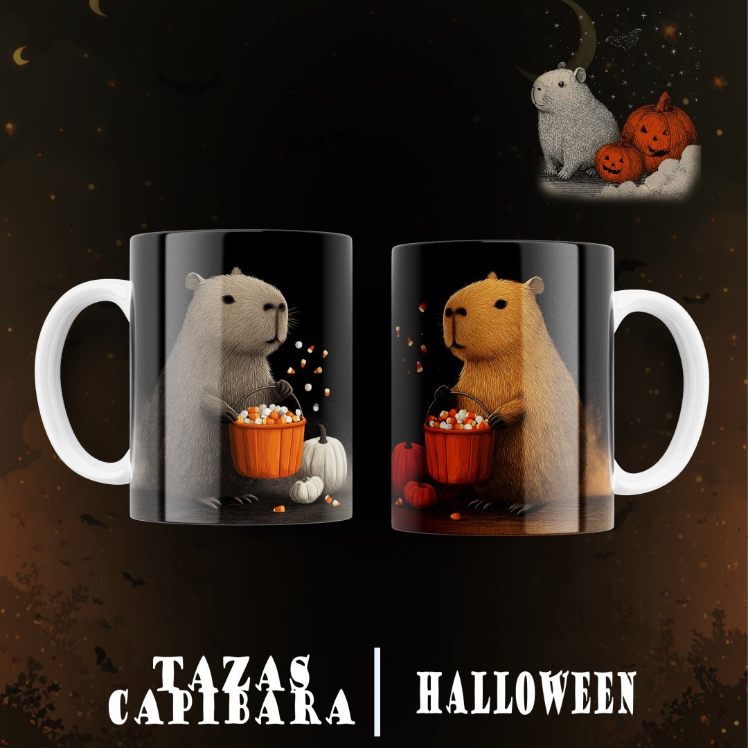 Pack 12 Diseños Capibara Halloween PNG Tazas. Plantillas Sublimación Tiernas con Calabazas y Mockups.
