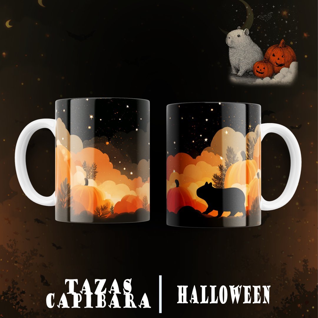 Pack 12 Diseños Capibara Halloween PNG Tazas. Plantillas Sublimación Tiernas con Calabazas y Mockups.