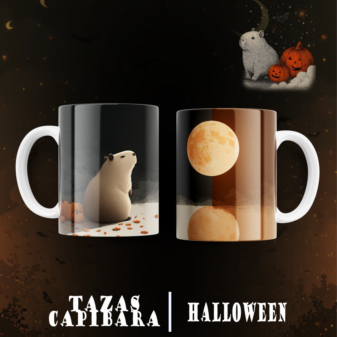 Pack 12 Diseños Capibara Halloween PNG Tazas. Plantillas Sublimación Tiernas con Calabazas y Mockups.