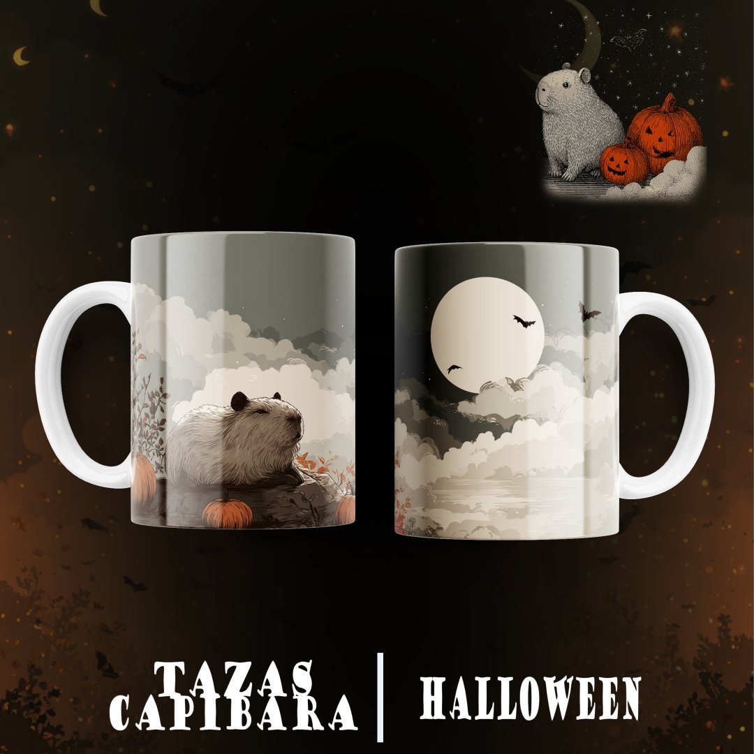 Pack 12 Diseños Capibara Halloween PNG Tazas. Plantillas Sublimación Tiernas con Calabazas y Mockups.