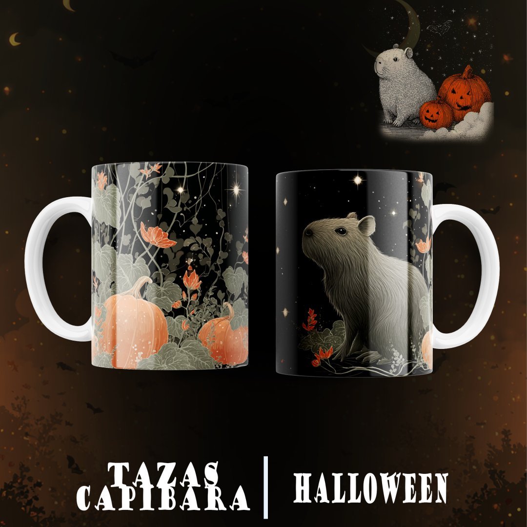 Pack 12 Diseños Capibara Halloween PNG Tazas. Plantillas Sublimación Tiernas con Calabazas y Mockups.