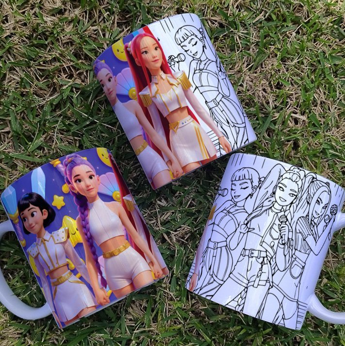 Pack 8 Diseños Tazas para Colorear K-Pop Demon Hunters JPG/PDF/CDR. Plantillas Line Art Sublimación